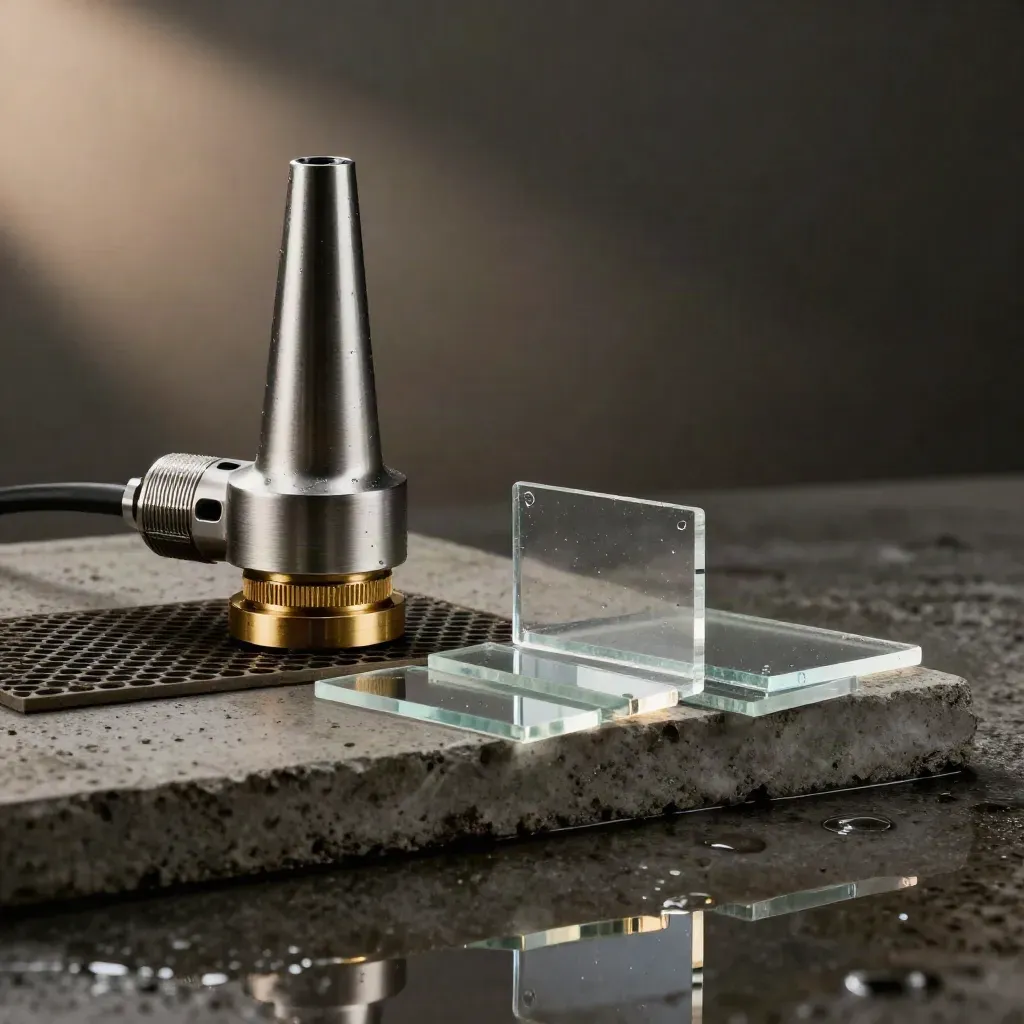Laser head, brass collar, honeycomb tile and acrylic samples on wet concrete in moody studio light.