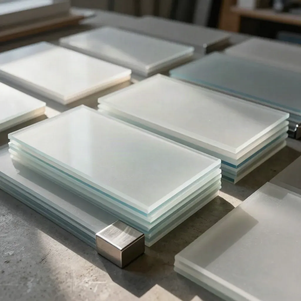 Top-down flat lay of acrylic sign parts and aluminum caps on concrete.
