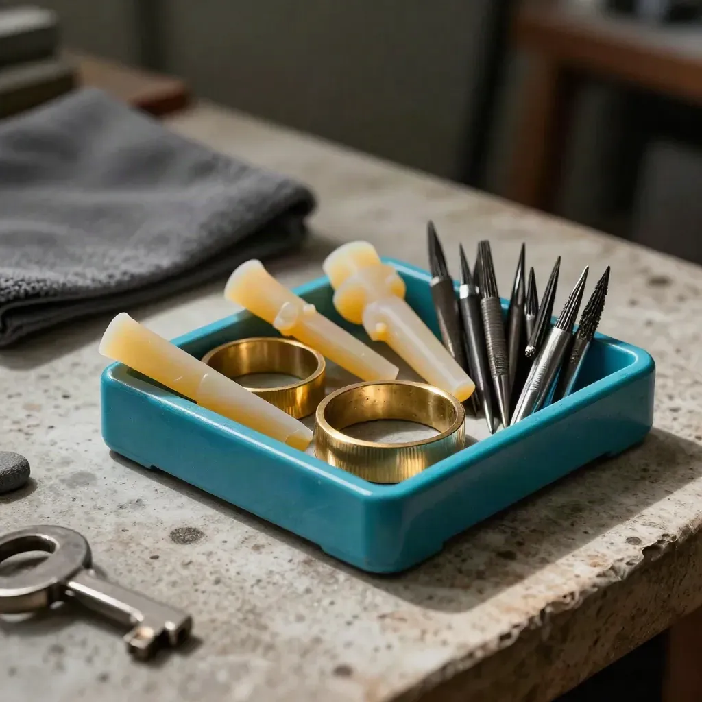 Brass ring blanks, wax sprues, and polishing burrs in a jewelry prototyping kit on stone.