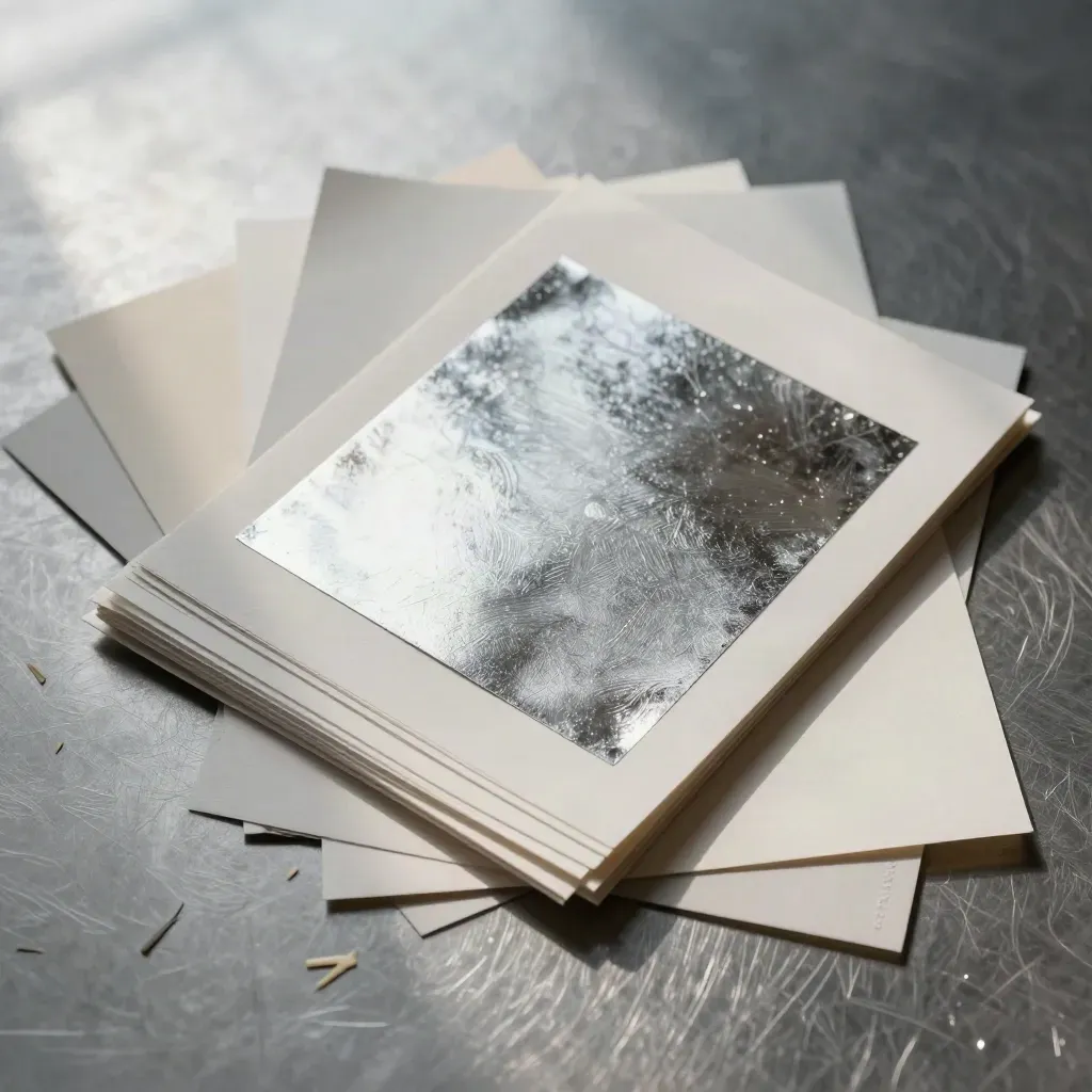 Foil swatches and packaging corners fanned on brushed metal under soft daylight.