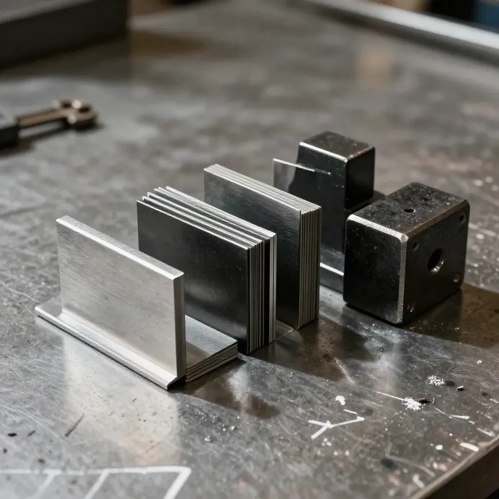 Steel gussets, deburred samples, and a magnetic clamp block on a gritty metal workbench.