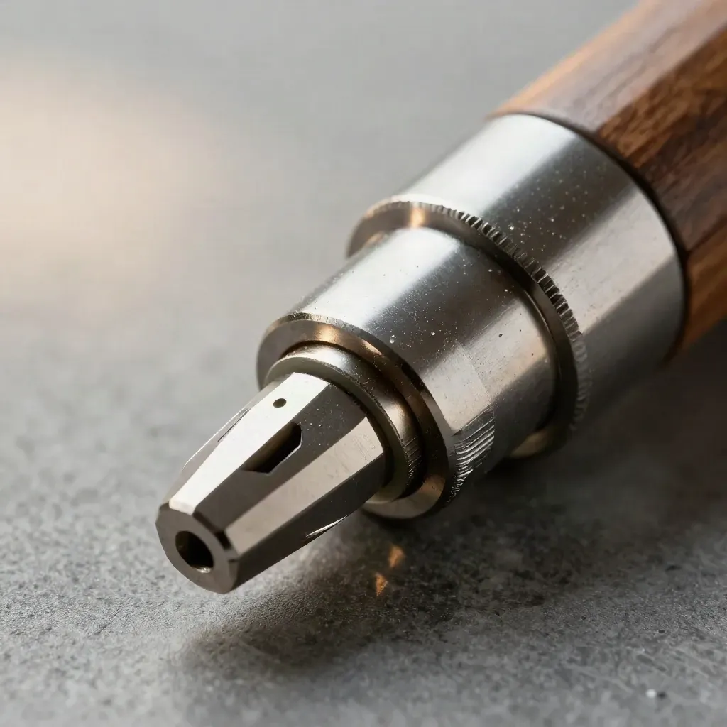 Macro of a clean laser nozzle tip, ceramic spacer ring, and focus collar on graphite surface.