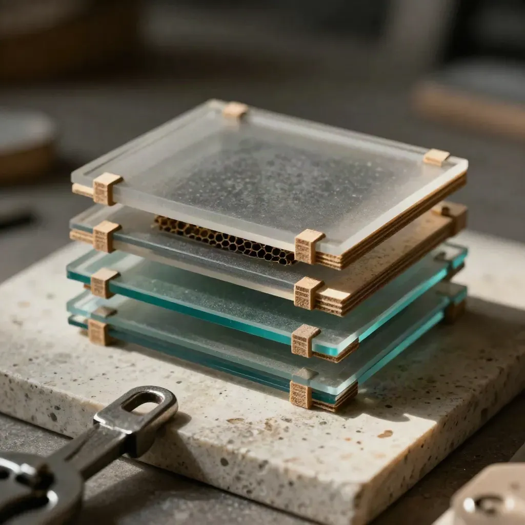 Laser-cut calibration tiles, MDF test joints, and a honeycomb insert on travertine.