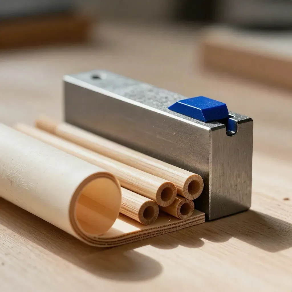 Birch veneer, maple dowels, and steel joinery block on pale wood with a blue accent