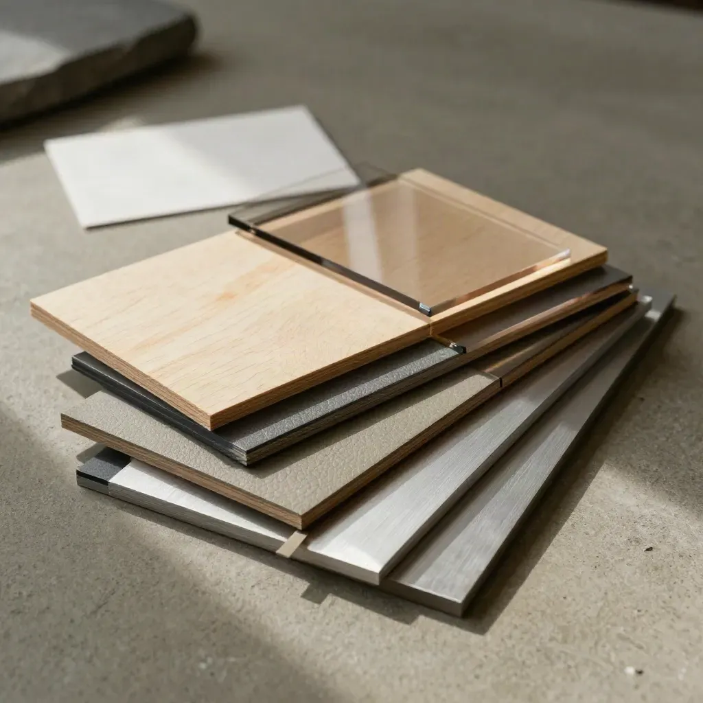 Four material sample coupons fanned out on a khaki concrete surface under dramatic light.