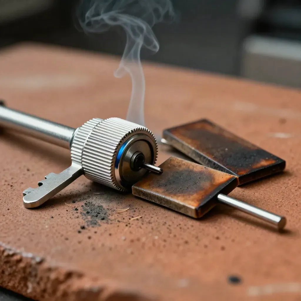 Knurled dial beside two heat-darkened laser test coupons with faint smoke
