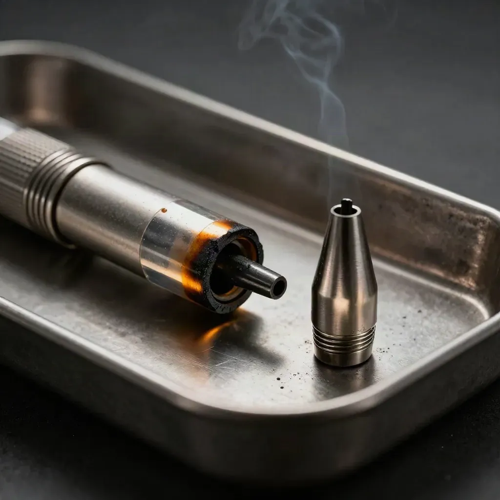 Sooted nozzle tip beside a fresh spare tip and charred acrylic edge in dramatic macro lighting.