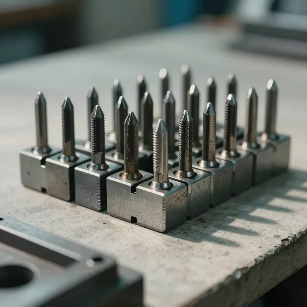 Fixture pins and stop blocks aligning in a steel batch nest on a concrete work surface.