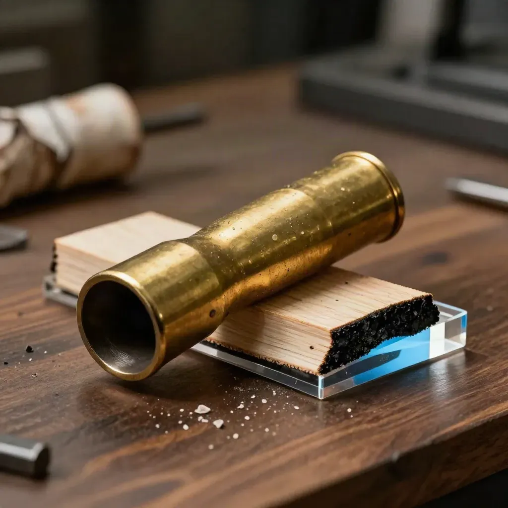 Brass nozzle, birch coupon, and acrylic edge sample on a laser workbench