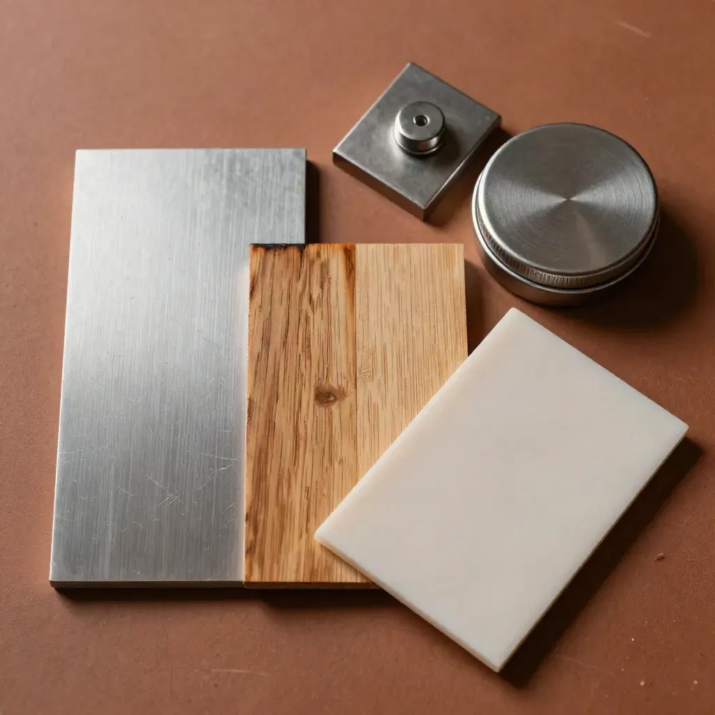 Laser shop sample tiles, fixture block and swab tin on terracotta plaster.