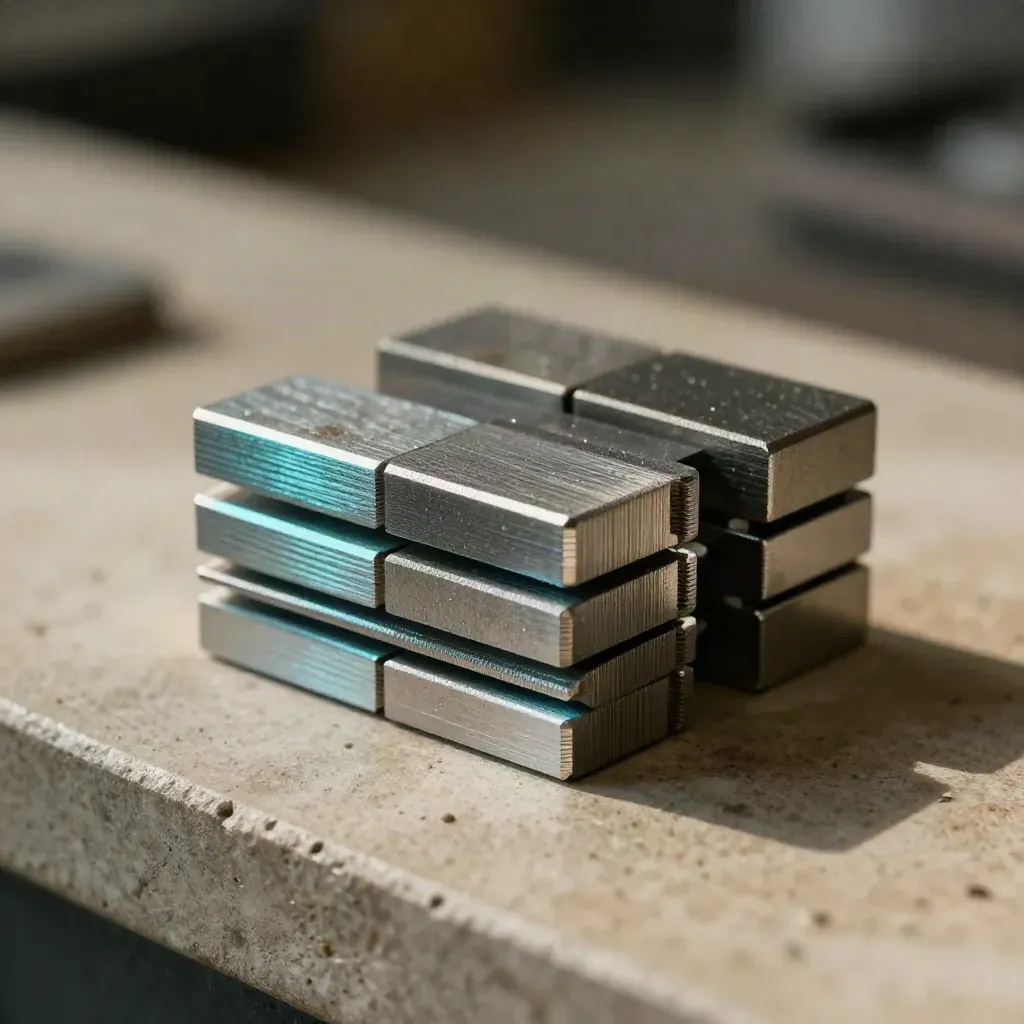 Laser-cut aluminum coupons and fixture blocks on a stone bench, lit warmly in macro detail.