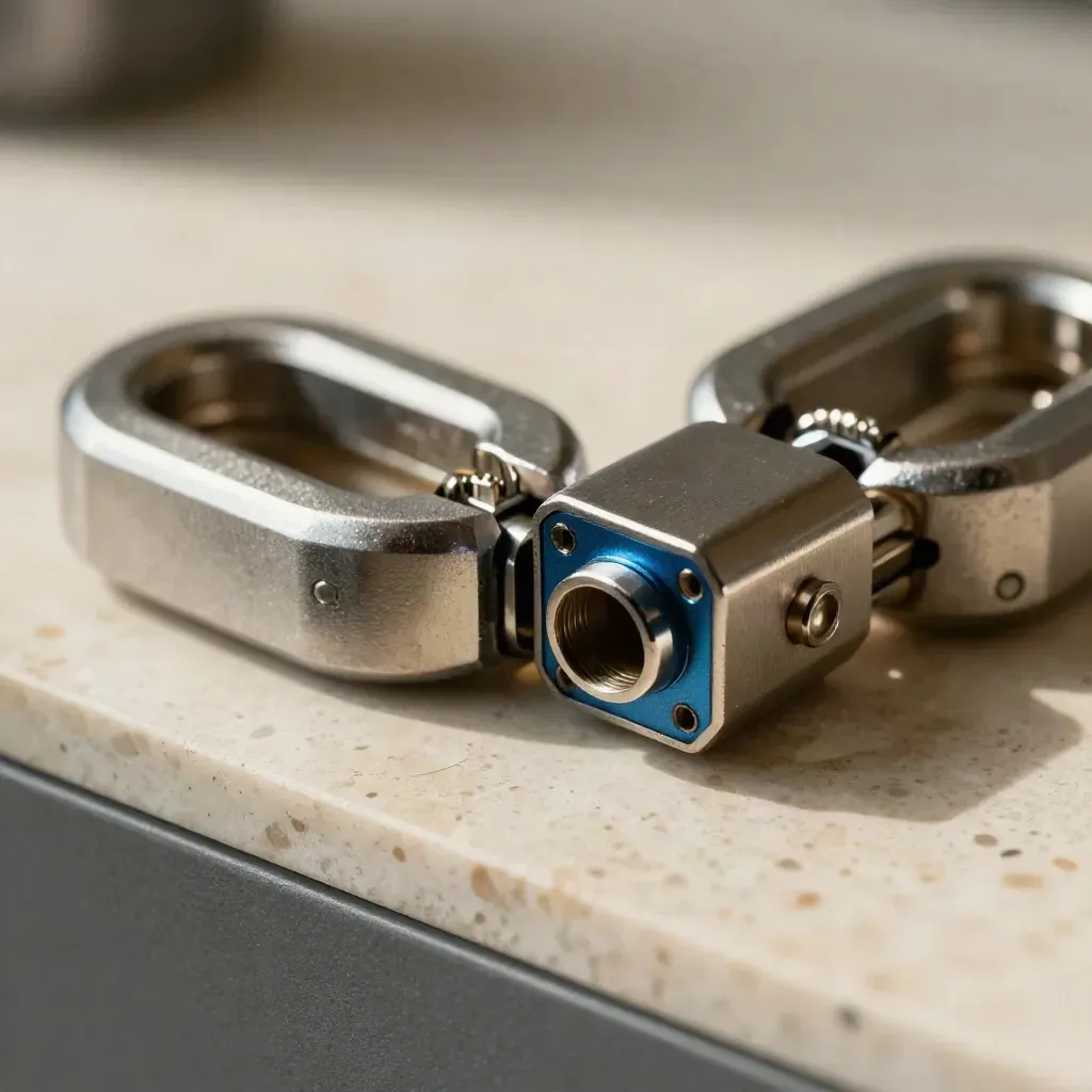 Interlocking metal links and a blue connector block on pale stone, in extreme macro.