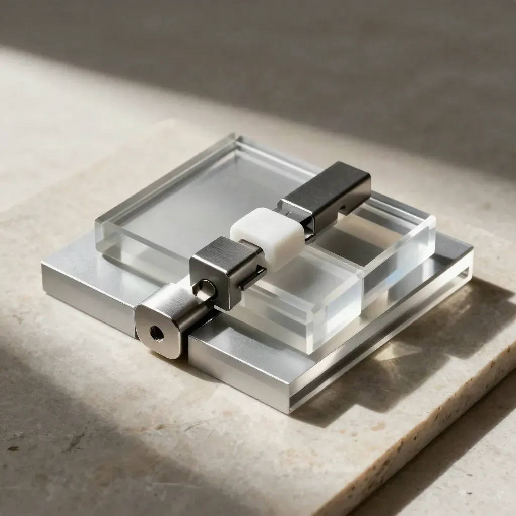Top-down stack of aluminum and acrylic connector blocks on pale stone, styled for Notion integration.