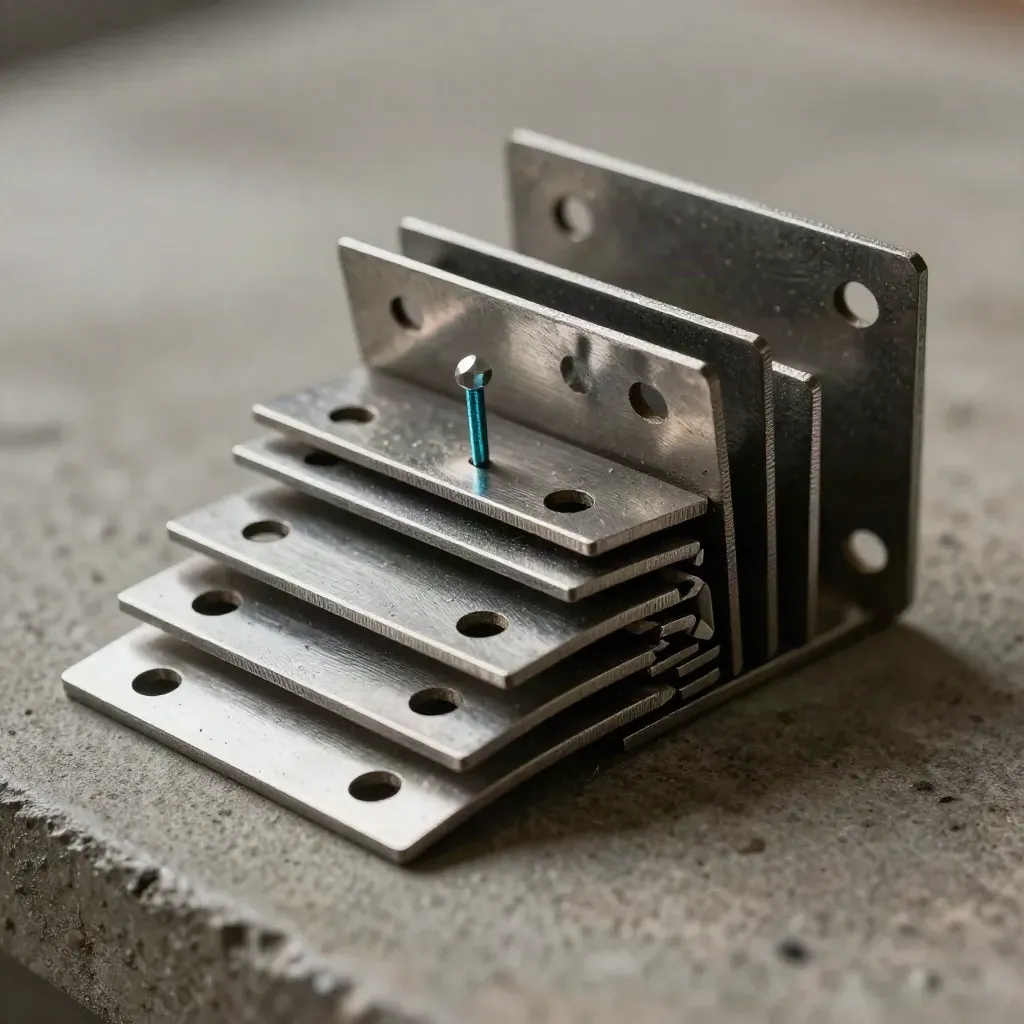 Macro of metal tabs, notched plates, and an alignment pin on concrete under cool workshop light.