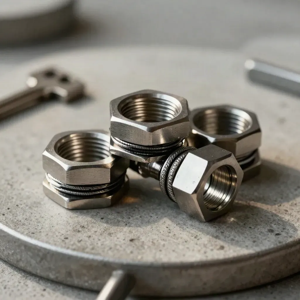 Macro of silver hex couplers, precision rings, and a split clamp joining on cool concrete