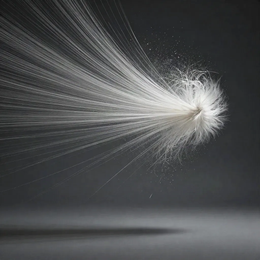 Silver filaments converge into a soft white bloom in graphite space with drifting motes.